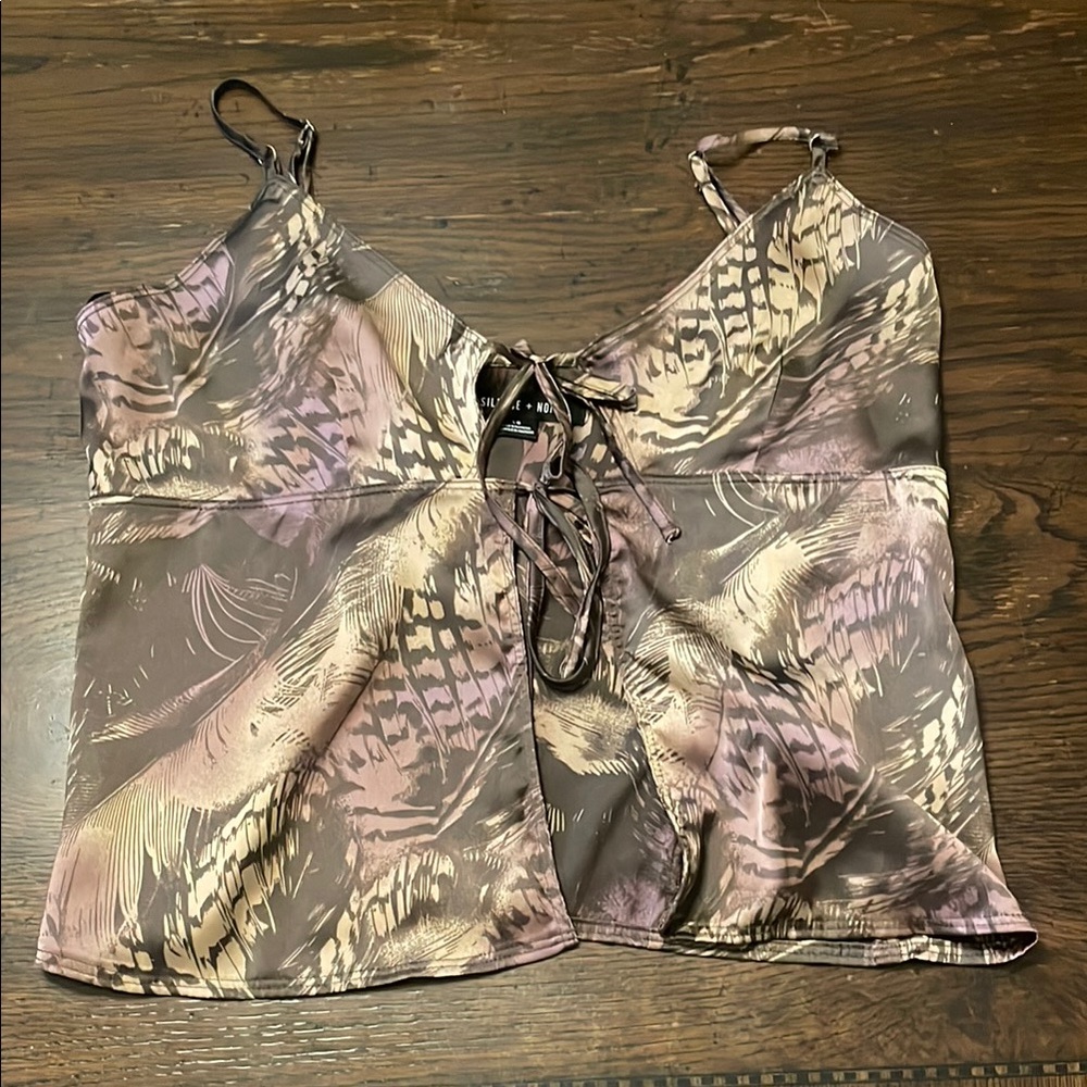 Abstract Print Lace-Up Tank Top in Gray and Purple